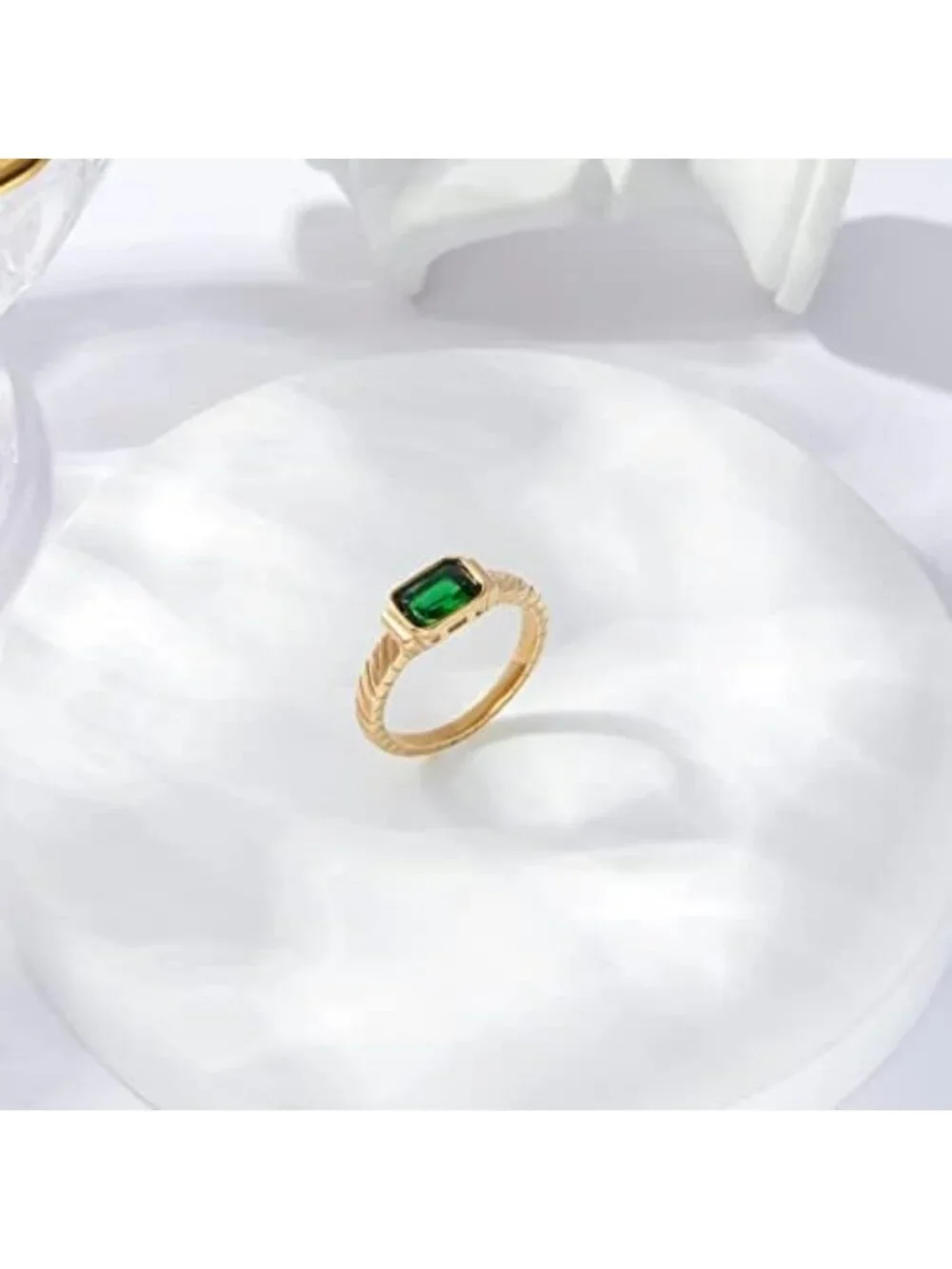 Dainty Gold Emerald Ring for Women | Non-Tarnish Green CZ Gemstone Band 6-9